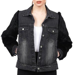 Love Token Murray Genuine Real Rabbit Fur Sleeve Denim Jacket Coat - LT26-20